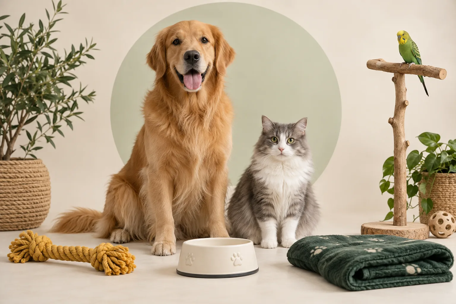 A dog, cat and bird beside a feeding bowl, toy and pet blanket