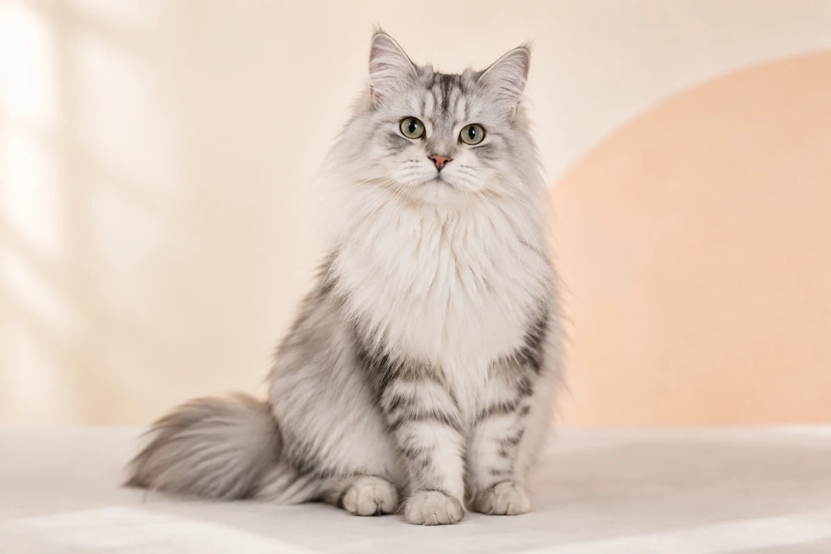 A silver and white long-haired cat