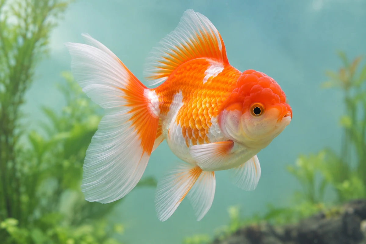 An orange and white fancy goldfish